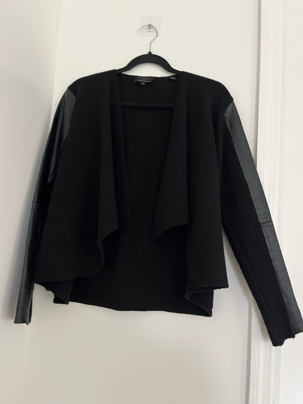 Ted Baker Black Wool Leather Sleeve Waterfall Cardigan Jacket